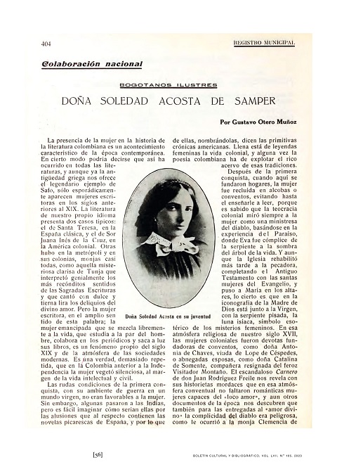 Artículo publicado en el Registro Municipal del 15 de julio de 1933. Lo acompaña un daguerrotipo de Soledad Acosta Kemble durante su juventud, en 1854.