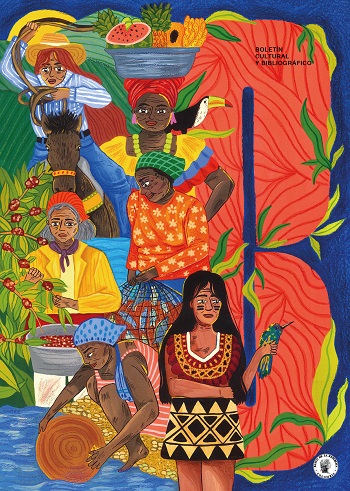 Portada del número 104 del Boletín Cultural y Bibliográfico con una ilustración de Laura González que muestra seis mujeres latinoamericanas practicando oficios ancestrales e históricos