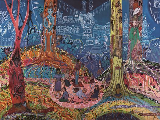 Cubierta del libro Ayahuasca Visions. The Religious Iconography of a Peruvian Shaman, publicado en 1991. La obra que aparece en la cubierta se titula Gradación de los poderes, y fue pintada por Amaringo en 1986.